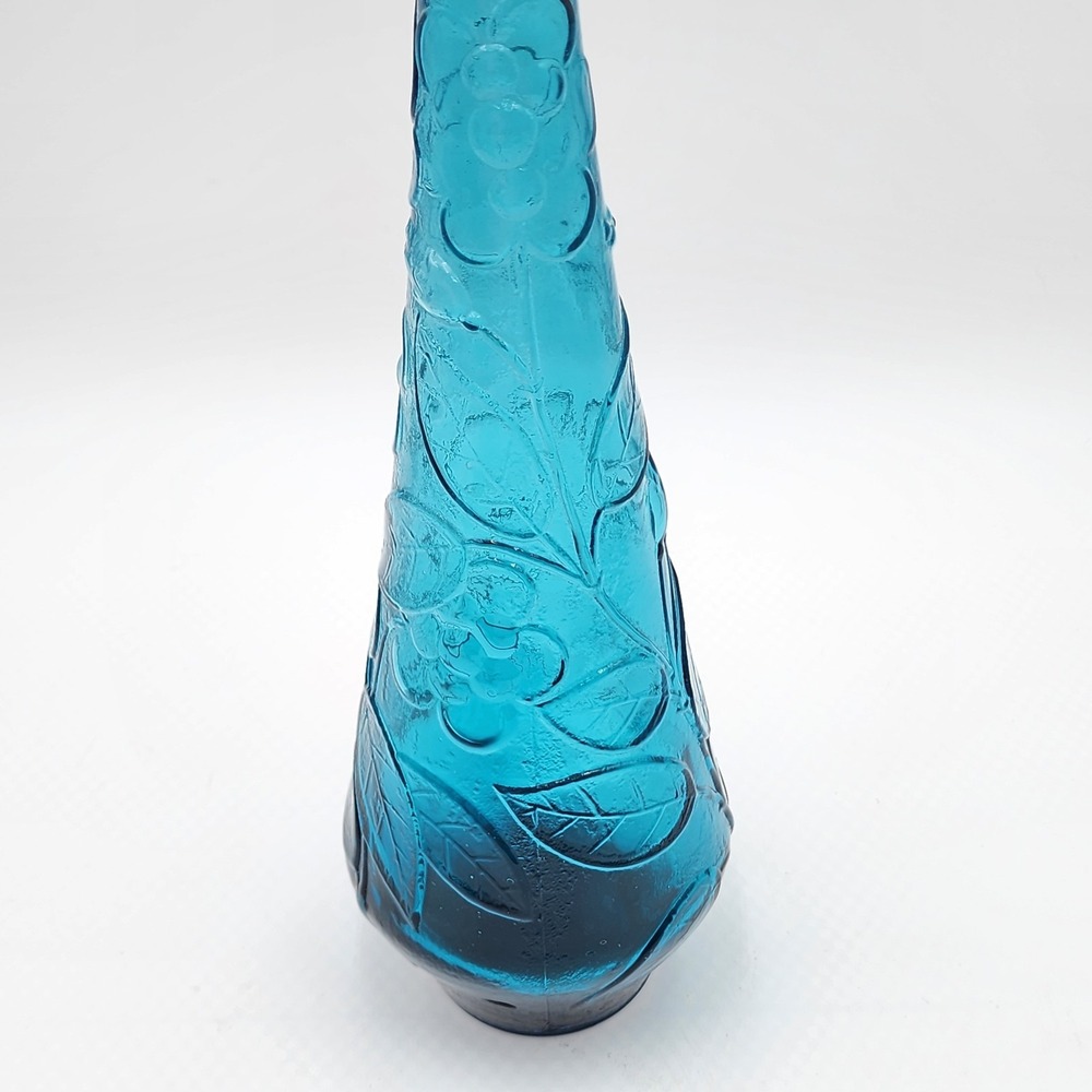 Vintage Empoli Italy Teal Blue Glass Genie Bottle Decanter Butterfly Flowers MCM - Picture 11 of 12